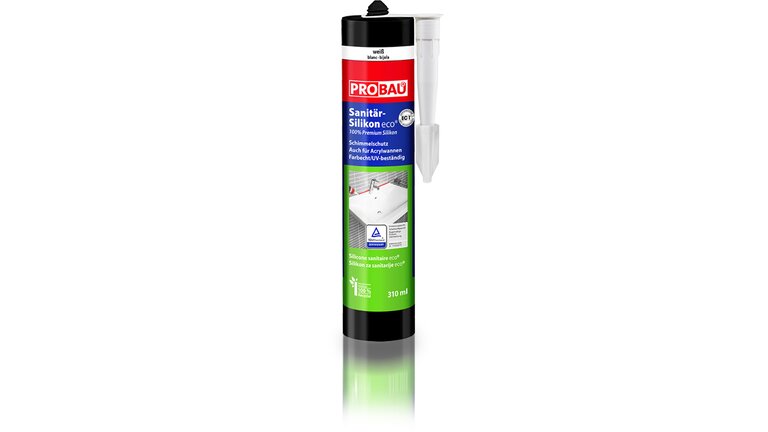 Sanitärsilikon eco, in der weißen Kartusche, stehend